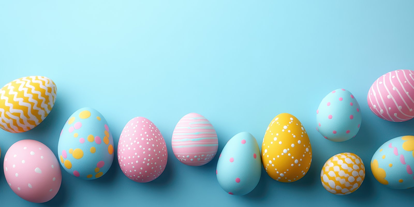 Colorful Easter eggs arranged on a blue background highlighting springtime festivities and traditions